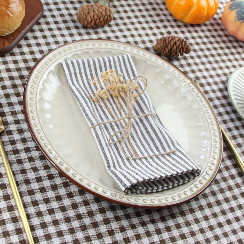 INFEI Plain Striped Cotton Linen Blended Dinner Cloth Napkins - Set of 12 (40 x 30 cm) - for Events & Home Use (Brown) - Image 3